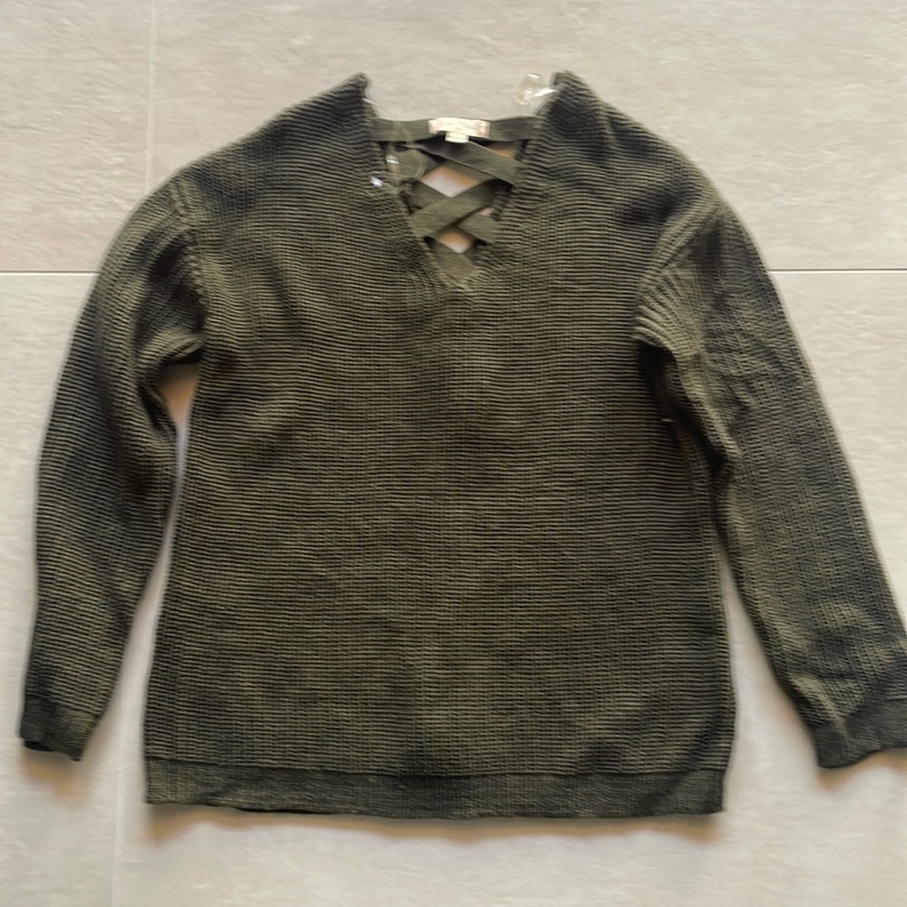 Altard State, olive green knit sweater, back with woven detail, size medium